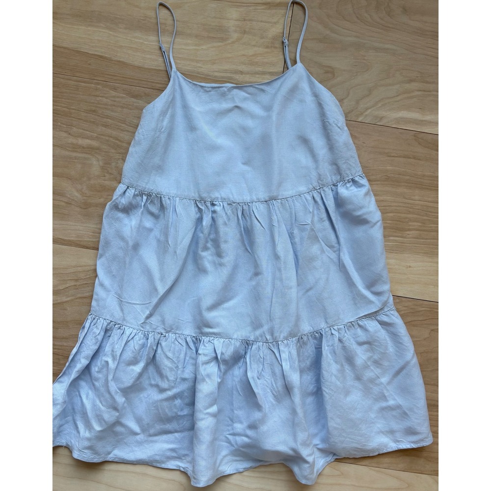 Oak + Fort Light Blue Tiered Mini Babydoll Dress Small Adjustable Straps Linen S